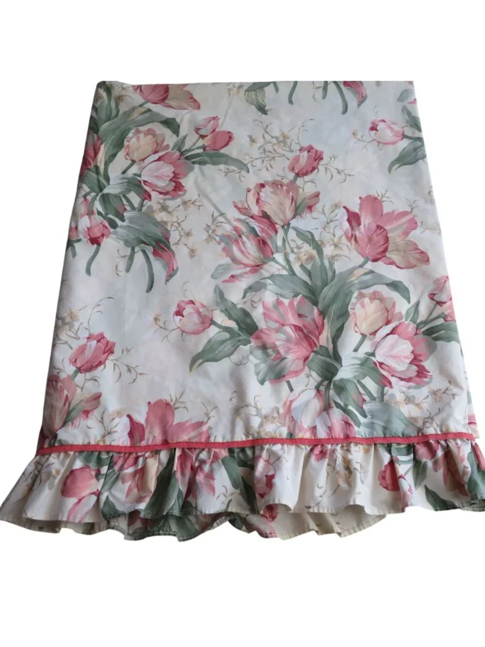 Vintage Waverly Garden Room Queen Flat Sheet Ruffled Hem Pink Floral Tulip USA